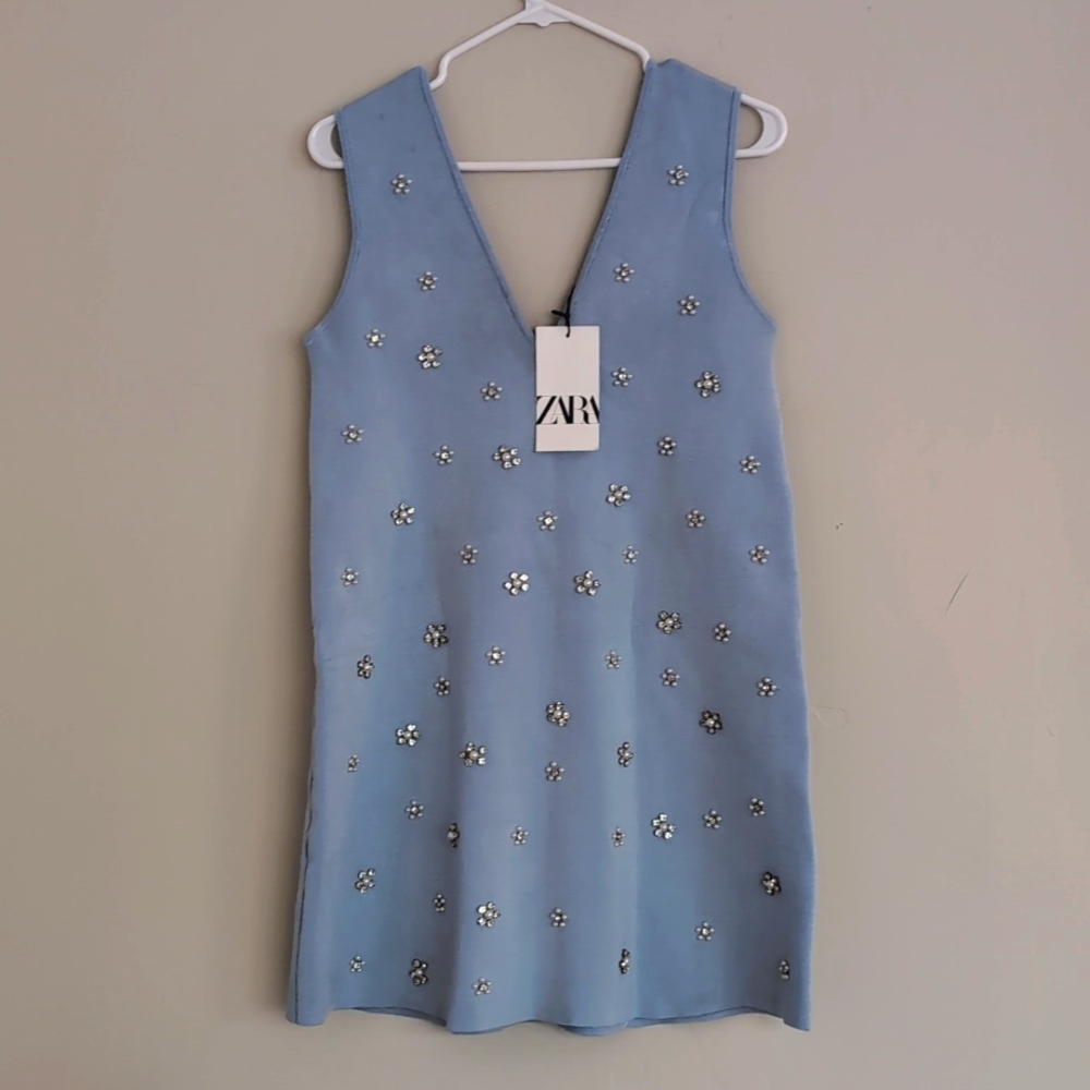 Zara BEADED PEARL JEWEL KNIT MINI DRESS Light Blue 2142/081 S M L NWT - Picture 8 of 13